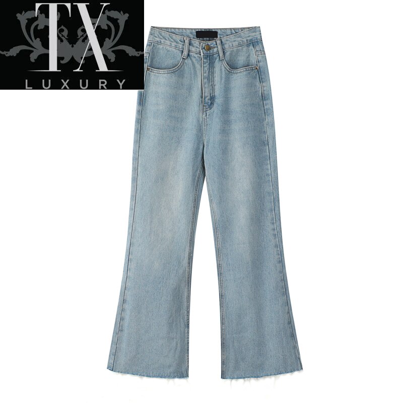Slightly Flared Jeans Women&s High Waist Long Autumn New Fashion Loose All-Match Wide Leg And Burr Female Denim Pants
